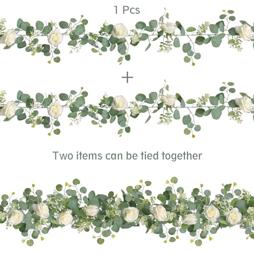 TOCHGREEN 2Pcs(13 Ft) Artificial Eucalyptus Flower Garland with White Rose Flowers,Faux Rose Vine Gypsophila Greenery for Home Party Wedding Table Decor (White, 2PCS) - color: White, size: 2PCS