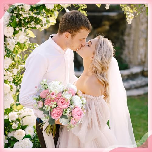 Crowye 4 Bundles Peonies Artificial Flowers Silk Faux Peonies Wedding Artificial Flower Bouquet for Table Centerpiece for Home Wedding Decor Bridal Floral Arrangement(White, Light Pink) - color: White, Light Pink