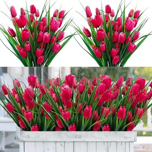 12 Bundles 60 Heads Artificial Tulips Fake Flowers Outdoor UV Resistant Silk Tulip Faux Plastic Greenery Shrubs Plants for Outside Planter Porch Garden Patio Decor (Rose Red) - color: Rose Red