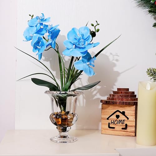 Jusdreen Artificial Blue Orchid in Glass Vase, Realistic Phalaenopsis Arrangement with Potting for Home Office Table Decor, 14.5 Inch Orchid Centerpiece - color: Wine Glass-blue
