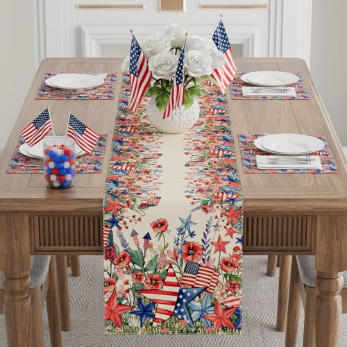 XCHI Watercolor Flowers America Stars Fireworks Memorial Day Table Runner 4th of July Patriotic Independence Day Table Decoration for Party Home Kitchen Dining Holiday Decor 13x120 Inch - size: Table Runner 13x120 Inch