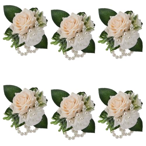 White & Champagne Silk Wrist Corsages Set 6Pcs for Women Wedding | Faux Artificial Flowers With Pearl Wrist, Ideal for Prom Party Homecoming Ceremony Anniversary - color: White&champagne Rose