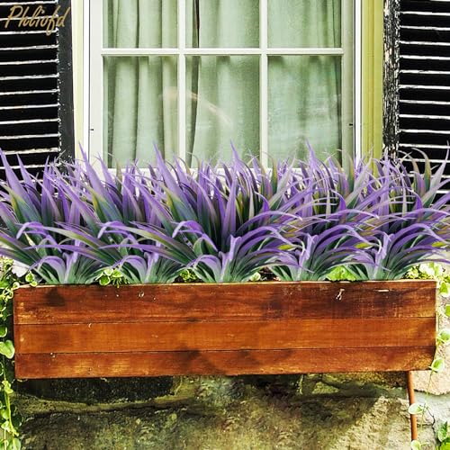 6Pcs Artificial Grass Fake Plants 17.3in Outdoor Plants UV Resistant Faux Greenery Stems Fake Grass for Home Window Garden Office Patio Pathway Front Porch Halloween Décor Green & Purple - color: Green & Purple, size: 6 Pcs
