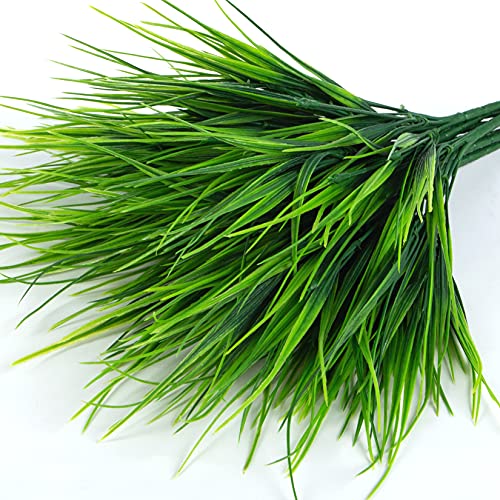 Ouddy Decor 12 Bundles Artificial Wheat Grass Outdoor UV Resistant Greenery Stems Plastic Shrubs for Garden Farmhouse Front Porch Window Box Home Decor - color: Light Green, size: 12 Bundles