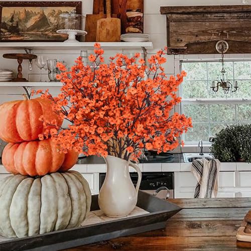 Yastouay Fake Fall Flowers Thanksgiving Table Decor, 5Pcs Fall Orange Faux Artificial Flowers for Decorations, Babys Breath Artificial Flowers Bulk for Thanksgiving Fall Decor Floral Arrangement - color: Orange, size: 5 Pcs