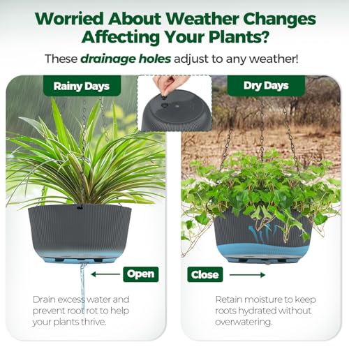 T4U 8 Inch Hanging Planters for Indoor Outdoor Plants, Self Watering Hanging Pot Pack of 2, Hanging Pots with Drainage Hole & Plug & Chain with 3 Hooks for Garden Home Decor, Grey - color: Gray, size: 8 inch