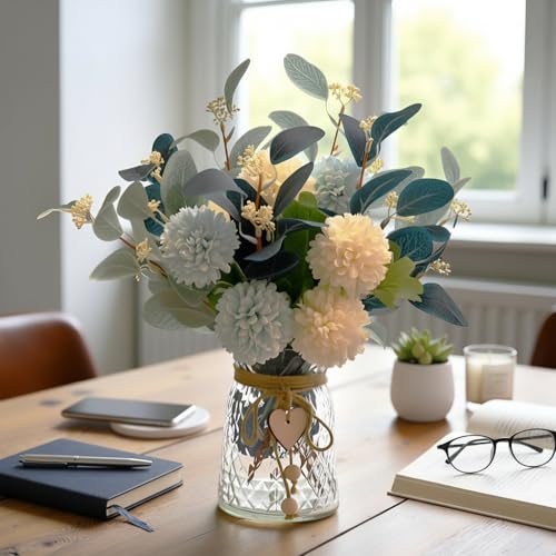LADADA Artificial Flowers with Vase, Floral Arrangements forHydrangea Flower Dining Table Centerpiece Decor - color: Gray+white