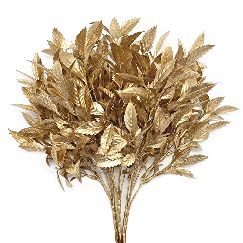 PASYOU Artificial Golden Plants, Fake Foliage Shrubs Decor Plastic Faux Plant for Indoor Outdoor Home Garden Office Party Hall Verandah Wedding DIY Christmas Decoration Gold Leaves Bundles - 3 Pack - color: Gold Leaves - 3 Pack