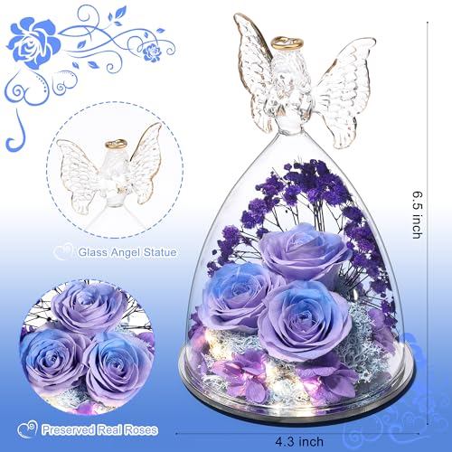 Mothers Day Rose Gifts for Women Preserved Real Flower in Glass Angel Figurines Roses for Delivery Prime Birthday Gifts for Mom Grandma Girlfriend Wife Her, BluePurple - color: Bluepurple