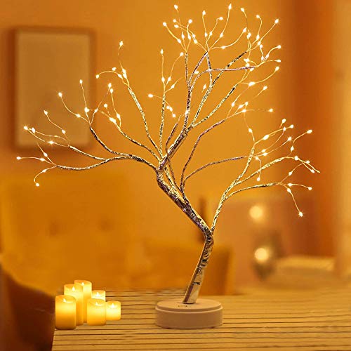Lxcom Lighting 108 LEDs Silver Copper Wire Table Tree Light 8 Modes LED Twinkle Tabletop Bonsai Tree Lighted USB Plug Battery Operated Artificial Light Decorative Desk Lamp for Home Decor, Warm White