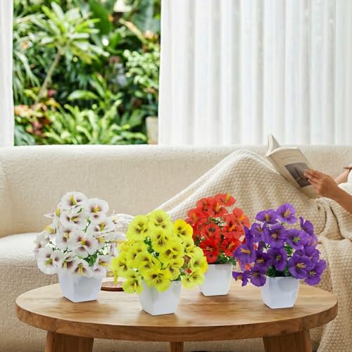 LOYWREE 4 Pack Small Artificial Pansy Flowers Fake Plants in White Pots, Mini Potted Floral Spring Decorations for Home Bathroom Shelves Office Desk Table Centerpiece Indoor Decor - color: Pansy-white Pot, size: White Pot