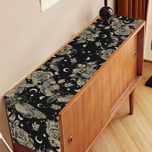 Vintage Gothic Floral Table Runner, Retro Luxury Dark Skull Moth Day of Death Witchy Boho Coffee Table Center Decor for Home Kitchen Dining Patio Holiday Party Table Decorations 13x36 inches - color: Tr-witchy04, size: 13x36" Table Runner