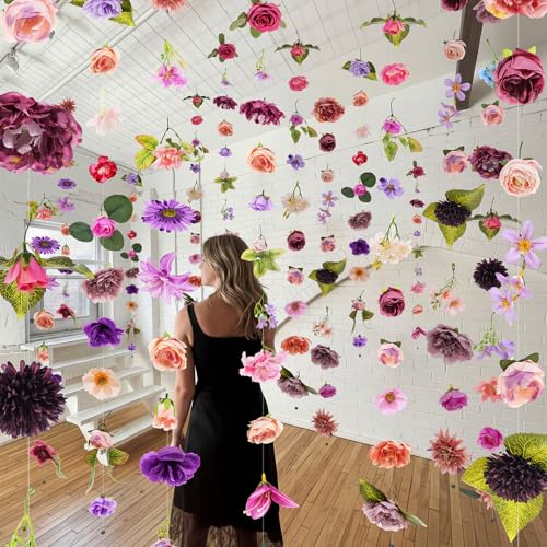 Suncalla 6 Pcs 35.46 ft Flower Garlands Backdrop Garden Party Decoration Artificial Wildflower Vines Fake Flower Vines Faux Silk for Wedding Bridal Wall Arch(Classic,Purple) - color: Purple