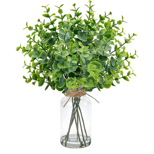 Der Rose 14.5" Fake Plants for Bathroom Decor Artificial Eucalyptus Stems in Clear Glass Vase with Faux Water for Office Desk Accessories Home Wedding Decor
