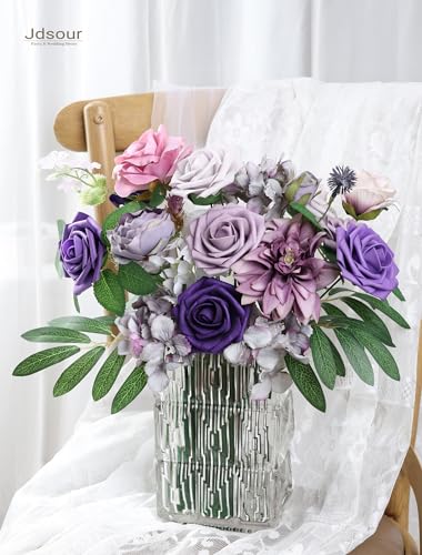 25pcs Artificial Flower，Real Looking Foam Roses w/Stem for DIY Wedding Bouquets Centerpieces Bridal Shower Party Decor-Shades of Series Purple - color: Shades of Series Purple