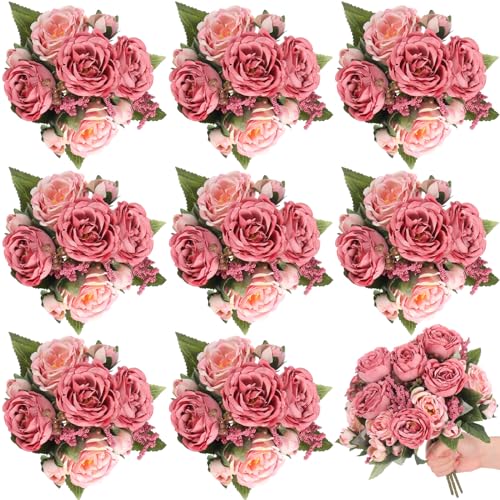 8 Bundles Artificial Peonies Flowers Boho Faux Flowers Arrangements Artificial Centerpiece Spring Bouquet Floral Wedding Decoration for Vase(Dark Pink) - color: Dark Pink