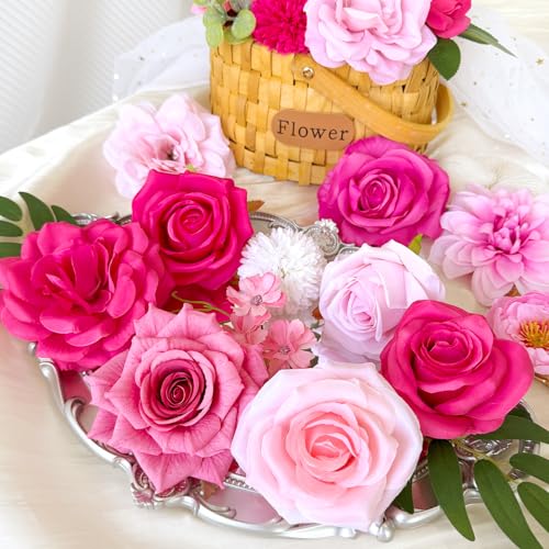 Fuschia Silk Artificial Flowers Combo Box Set Hot Pink Roses Flowers Dahlia DIY Bridal Wedding Bouquets Cake Boho Fake Floral with Stems Arrangements Baby Shower Party Table Centerpieces Decor Bulks - color: Hot Pink