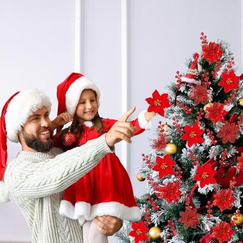 Sggvecsy 30 Pcs 3 Styles Christmas Glitter Poinsettia Flowers Artificial Berry Picks Christmas Tree Ornaments Artificial Christmas Flowers with Clips for Xmas Wedding Wreath Floral Decorations(Red) - color: Red