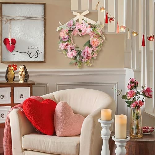 Suncalla 17.7 Inches Heart Shaped Hydrangea Wreath Pink Valentine's Day Floral Wreath with Ribbons Artificial Hydrangea Wreaths for Christmas Party Gifts Front Door Valentine's Day Wedding Decoration - style: Hydrangea