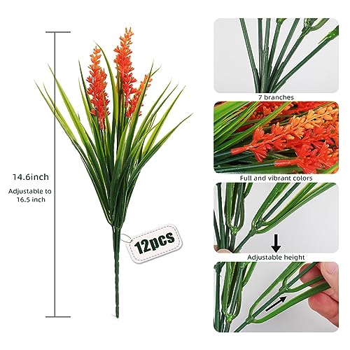 RECUTMS 12Pcs Spring Fake Fall Flowers Outside,Artificial Plants Outdoor, UV Resistant Faux Monkey Grass Greenery Stems Faux Plastic Flowers Shrubs for Weddings Garden Porch Front Patio Decor(Orange) - color: Orange