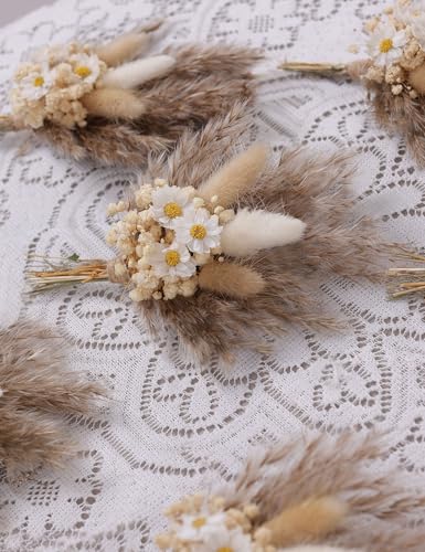 xin's convey Mini Dried Flower Bouquet Set of 6, Small Pampas Grass, Bohemian Wedding Table Centrepieces, Bridesmaid Flower Girl Proposal Boxes, Birthday Cake, Party Plate Decorations (Brown) - color: Brown