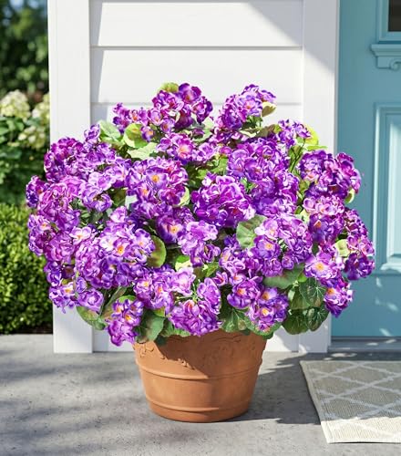 Fake Geraniums Artificial Flowers for Outdoors Outside, 6 Bundles Purple Silk Geraniums Fake Flowers Plants Realistic UV Resistant Faux Flowers for Outdoor Planters Garden Balcony Yard Porch Indoor - color: Purple
