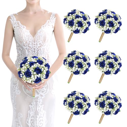 Artificial Bridesmaid Bouquets Set of 6 for Wedding-7 inch Navy Blue Flowers Bouquets for Bridesmaids, Faux Rose Gypsophila Rustic Small Floral Bouquet Fake Wedding Party Ceremony Anniversary Decor - color: Navy Blue, size: Set of 6 Bridesmaid Bouquets