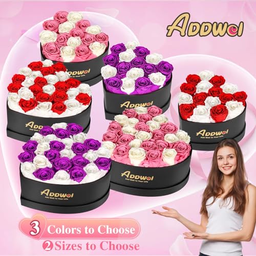 ADDWel Romantic Preserved Roses Bouquet for Her Anniversary, Birthday Flower Gifts for Women, 27-Pieces Eternal Roses with Natural Fragrance in Heart-Shape Box for Wife Girlfriend Mom - color: Purple & White - 27 Roses