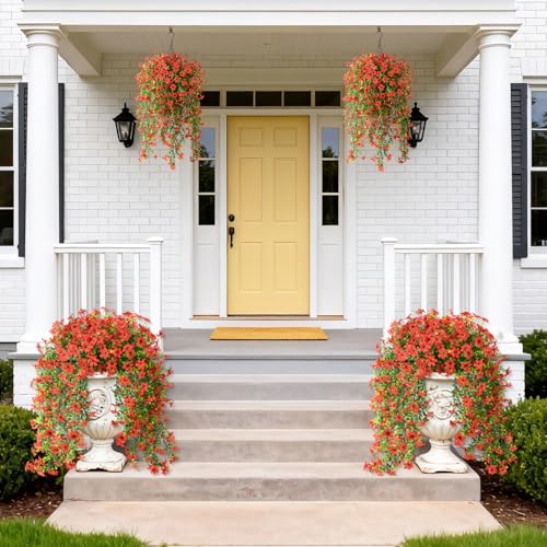 ZFProcess Artificial Hanging Flowers for Outdoors, 2 Pcs Fake Hanging Plant Spring Summer Decor, UV Resistant No Fade Realistic Faux Flower for Front Door Porch Planter Patio Garden Yard (Red) - color: Red