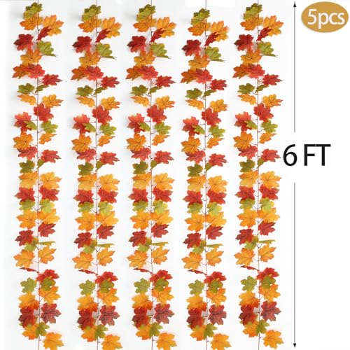 Mizii Fall Decor 5 Packs 390" Artificial Maples Vines Garland Fake Vine Fall Garland Silk Maple Leaves Faux Hanging Plants for Thanksgiving Porch Mantle Fireplace Farmhouse Harvest Decorations (Maple) - color: Maple