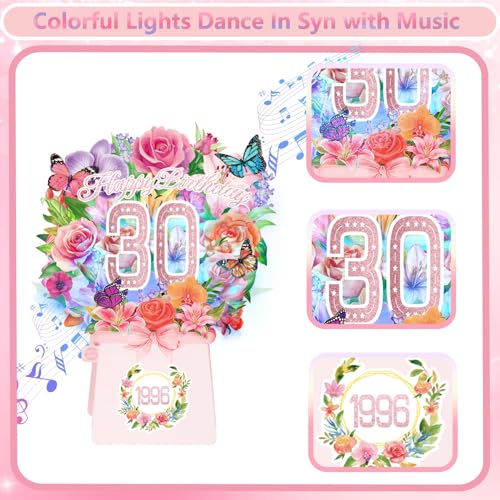 30th Birthday Cards, Light and Music 30 Years Old Happy Birthday Card, Rose Lily Orchid and Butterflies, 10 Inch Forever Flower Bouquet 3D Pop Up 1996 Birthday Gift Card for Women Wife Mom Daughter Sister - size: 1996-30th