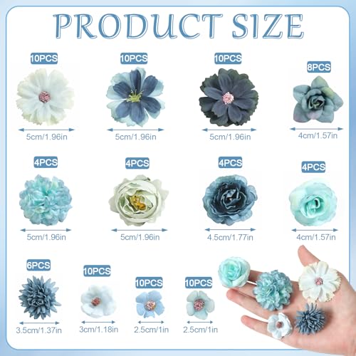 rongflower Faux Flower Heads Mini Blue Artificial Flower Heads Fake Peony Daisy Rose Flowers Multicolor Small Silk Daisy Flower Heads for Craft Garland Wedding Party DIY Home Decoration,2-4 cm - color: Blue