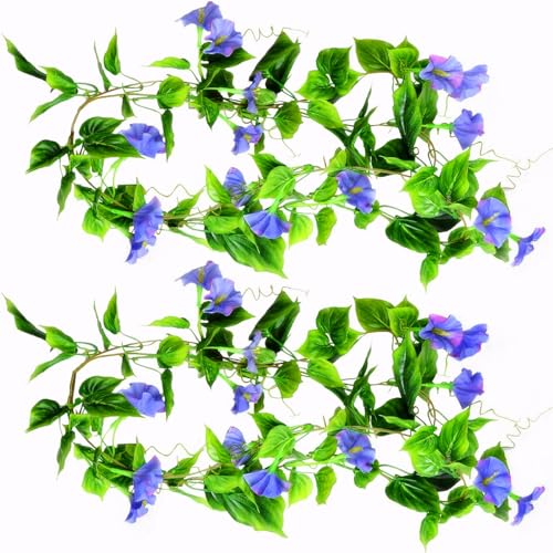 Fake Purple Morning Glory Plants, Artificial Hanging Vines Silk Flowers Decor Faux Ivy Plastic Greenery Garland Plant for Home Garden Yard Wall Fence Stairway Wedding Party Baskets Decoration 2 Pack - color: Morning Glory Vines - Purple 2 Pcs