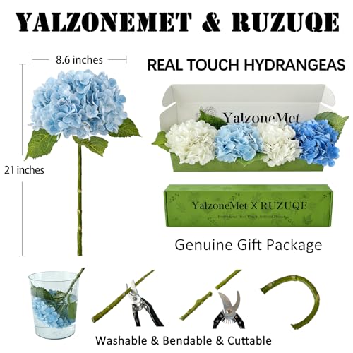 YalzoneMet 4 Pcs Real Touch Hydrangea Artificial Flower Natural Lifelike 21'' Long Stem Latex Hydrangea Flower Gift for Home Party Outdoor Wedding Table Centerpiece Decor 2 White +1 Blue +1 Light Blue - color: White Light/Dark Blue