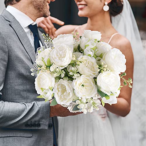 4 Bundles Artificial Peonies Silk Flowers, White Faux Peony Bouquet Florals Arrangements Decor for Farmhouse Home Boho Wedding Table Centerpiece, Fake Plastic Flowers Bulk Vase Decoration (White) - color: White, size: 4PCS