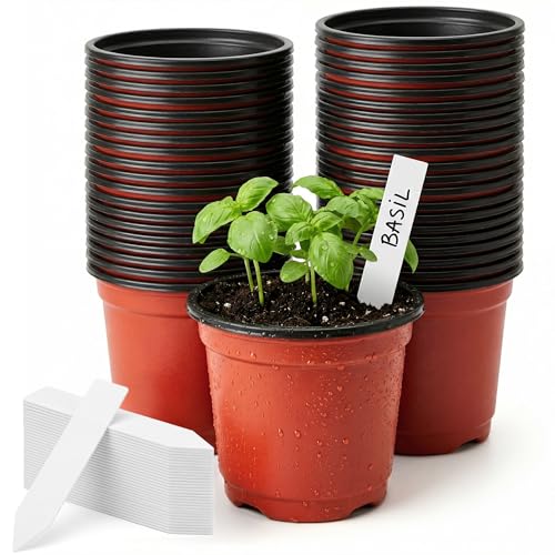 100 Pack 4 Inch Plastic Nursery Pots, Seed Starter Pots with Drainage Holes, Small Plant Containers for Seedlings, Seed Starting Flower Pots with 100 Plant Labels