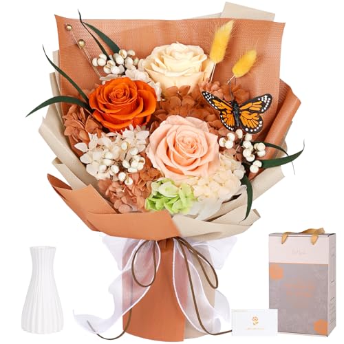 Preserved Flowers Bouquet with Butterfly - 3 Roses & Flowers for Delivery, Long-Lasting Real Roses Forever, Mothers Day Gifts for Mom Grandma Wife, Anniversary Birthday Gifts for Women - color: Orange