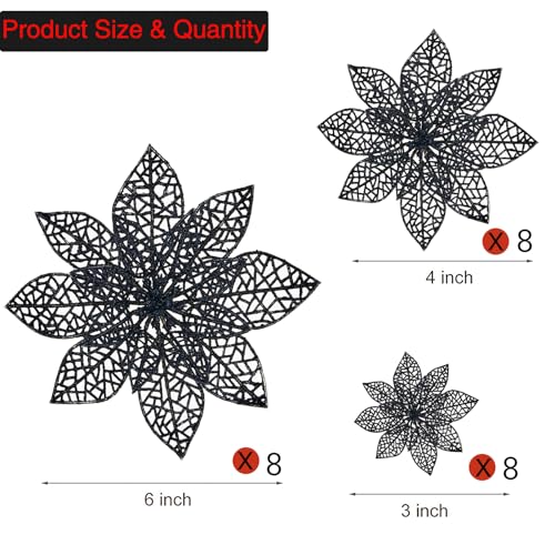 Wironlst 24 Pieces Glitter Poinsettia Flowers Christmas Tree Ornaments, Glitzy Poinsettia Bushes Christmas Decorations for Xmas/Holiday/Seasonal/Wedding (Black) - color: Black
