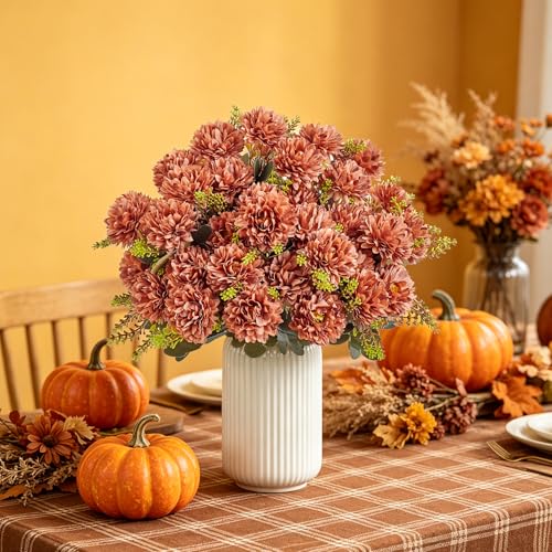18 Heads Brown Artificial Chrysanthemum Flowers Fake Mums Brown Kiku Ball Flowers Bouquet Silk Chrysanthemums for Indoor Outdoor Table Centerpiece Vase Wedding Decoration, 2 Pcs - color: Brown Chrysanthemum