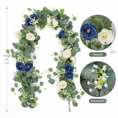 TOCHGREEN 2 Pack 13Ft Artificial Eucalyptus Flower Garland with White and Blue Roses, Fake Rose Flower Greenery Garland Floral Vines for Wedding Home Party Table Runner Decor (Blue White, 2PCS) - color: Blue White, size: 2PCS