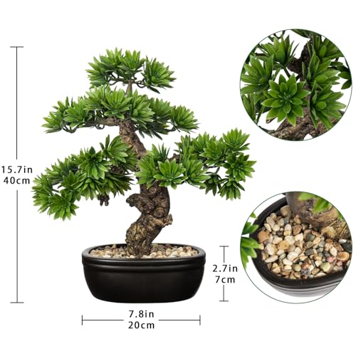 Fake Bonsai Tree Small Bonsai Plant 15.7” Tall Artificial Bonsai Trees with Black Pot Decorated with Pebbles Desk Plant Indoor Bonsai for Home Office Decor - style: Plastic Pot