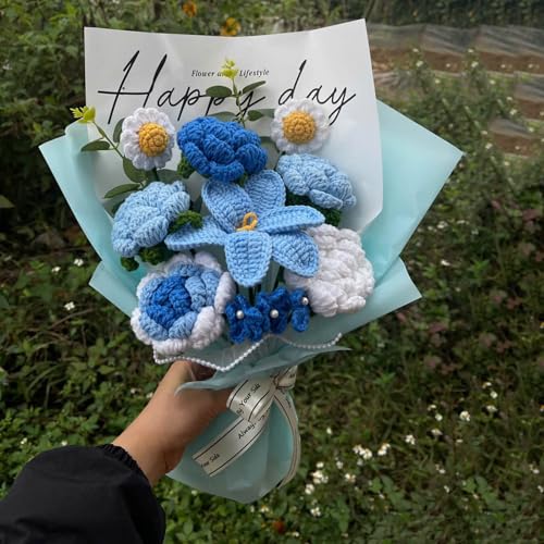 Completed Blue Crochet Flowers Bouquet, Handmade Knitted Bouquet, Crochet Artificial Flowers for Mother's Day, Graduation, Birthday, Wedding, Home Decor, Gifts (Blue Rose) - style: Blue Tulip & Rose