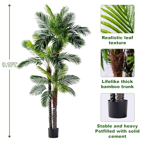 Erimda 9.1FT Artificial Phoenix Palm Tree Artificial Plants Indoor Outdoor Large Faux Coconut Silk Palm Tree Tropical Fake Tree Faux Sago Palm Plant for Modern Farmhouse Yard Outside Patio Poolside - color: Triple Phoenix Palm Tree, size: 9.1FT