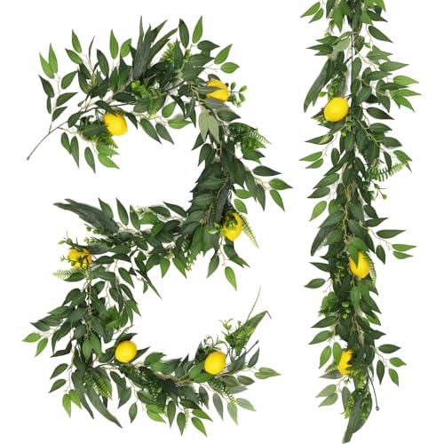 RECUTMS 2Pcs 5.9Ft Artificial Ivy Vines with Lemon and Willow Eucalyptus Italian Ruscus Fern Leaves Fake Rattan Greenery Indoor Outdoor Home Wall Patio Garland Wedding Bar Beach Summer Decor - color: Willow Garland With Lemon