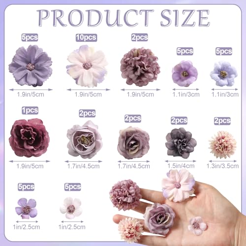 rongflower Faux Flower Heads Small Silk Artificial Flower DIY Fake Mini Flowers Rose Daisy Multicolor Flowers Craft Supplies for Wedding Party Wreath Graduation Season Party Home Decor (45, Purple) - color: Purple