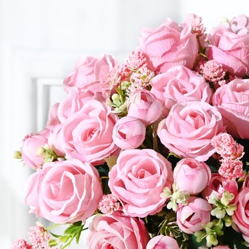 Yastouay Fake Roses Artificial Flowers, 2 Pack Rose Fake Flowers for Decoration, Real Touch Pink Roses Bouquets Silk Flowers for Vase Centerpiece Table Wedding Party Bridal DIY Decor