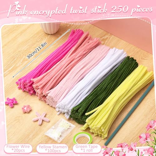 Peryiter 371 Pcs Pipe Cleaners Flowers Kit, Pipe Cleaners Chenille Stems Bulk with Floral Wire Gardening Tape Stamen, Fluffy Limpiapipas para Flores for DIY Mother's Day Decor(Pink, Green, Yellow) - color: Pink, Green, Yellow