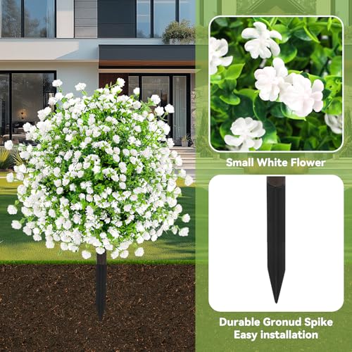 ENVEN Artificial Boxwood Topiary Ball Trees with Ground Spikes UV Resistant Faux Greenery Shrubs Fake Shrubs for Outdoors, Realistic Faux Plants Bushes for Garden Porch Yard Patio Decor (White Green) - color: White Green