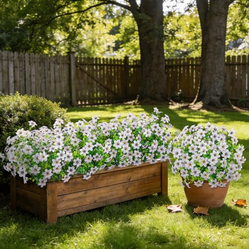 20 Bundles Artificial Flowers for Outdoors, Fake Silk Flowers UV Resistant Faux Realistic Plastic Plants for Spring Summer Porch Patio Garden Planter Window Box Home Decor, White - color: White