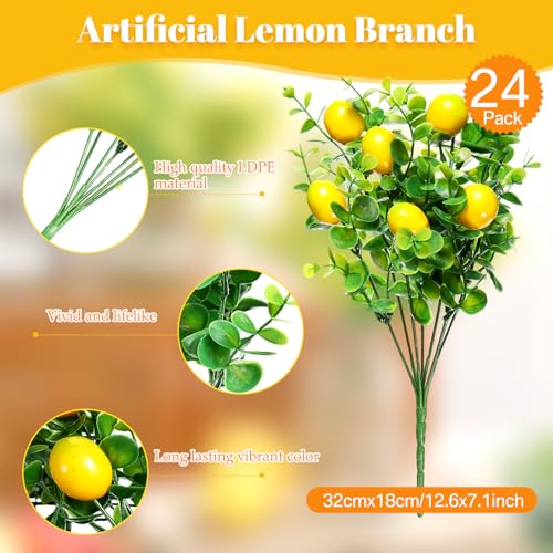 Tigeen 24 Pack Lemon for Decoration Fake Lemon Branches Artificial Vivid Yellow Faux Lemons Tables Centerpiece for Kitchen Stem Fruits for Home Spring Summer Decor - style: Lemons